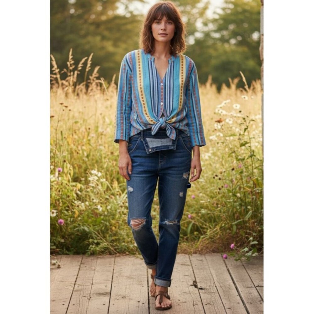 NWT Pearl & Caviar Blue Striped Rustic Lagenlook Alonissos ZAKAR Shirt Size S